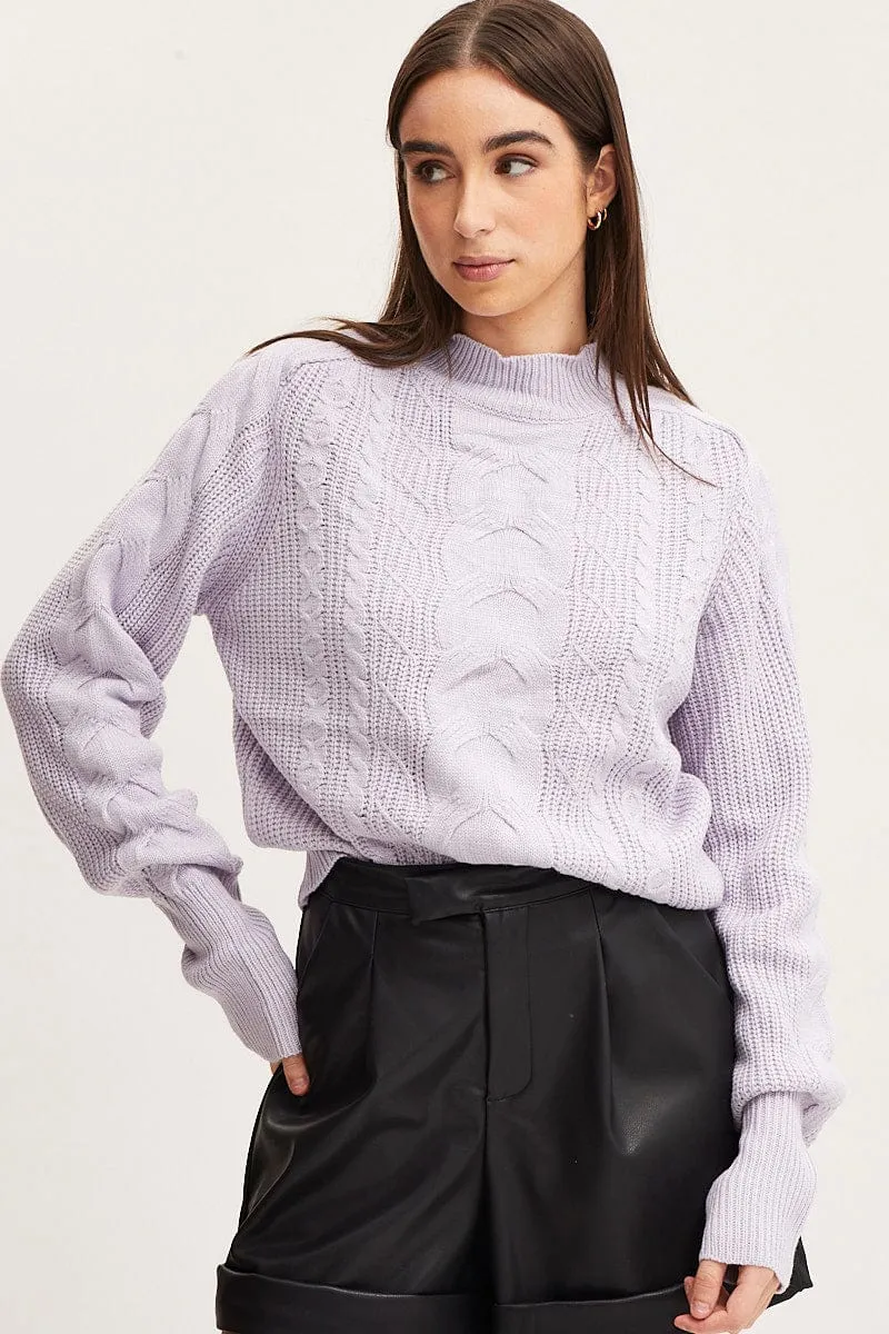Purple Knit Top Long Sleeve Relaxed Turtleneck Cable sold by Ally Fashion product image thumbnail 3
