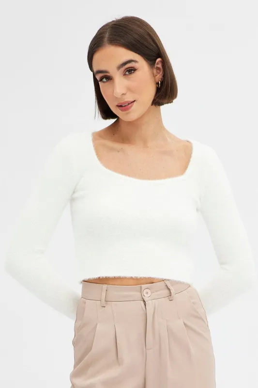 White Knit Top Long Sleeve Square Neck sold by Ally Fashion