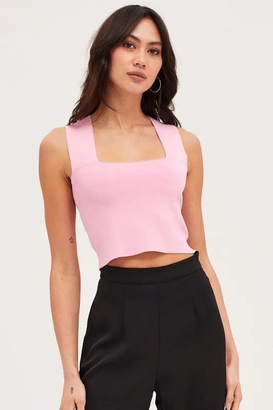 Pink Knit Top Sleeveless Crop Square Neck sold by Ally Fashion