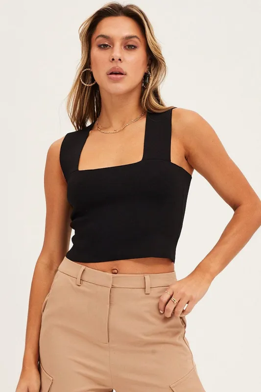 Black Knit Top Sleeveless Crop Square Neck sold by Ally Fashion