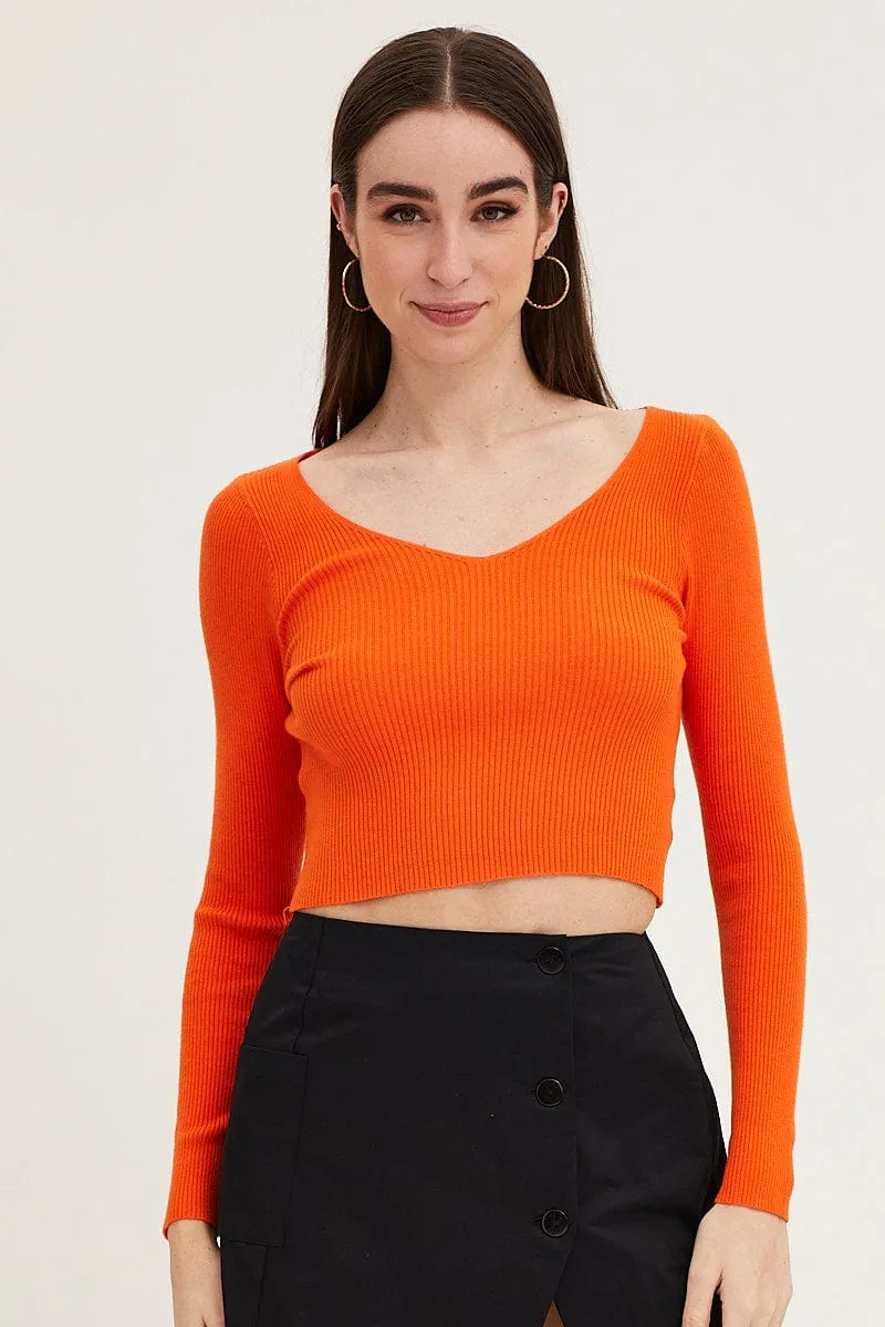 Orange Knit Top Long Sleeve Crop V-Neck sold by Ally Fashion