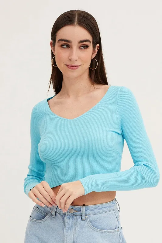 Blue Knit Top Long Sleeve Crop V-Neck sold by Ally Fashion