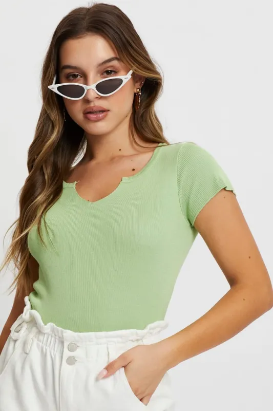 Green Notched Neck Cap Sleeve Knit Top sold by Ally Fashion