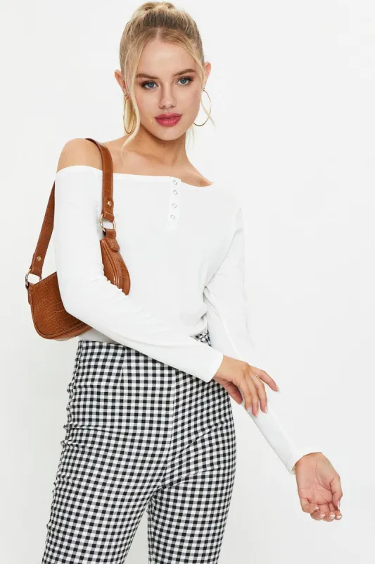 White Snap Button Off Shoulder Knit sold by Ally Fashion