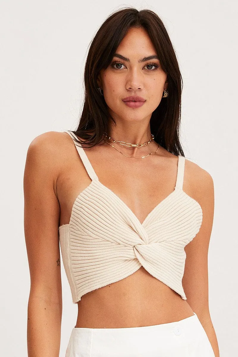 Beige Knit Top Sleeveless Crop Cross Over sold by Ally Fashion