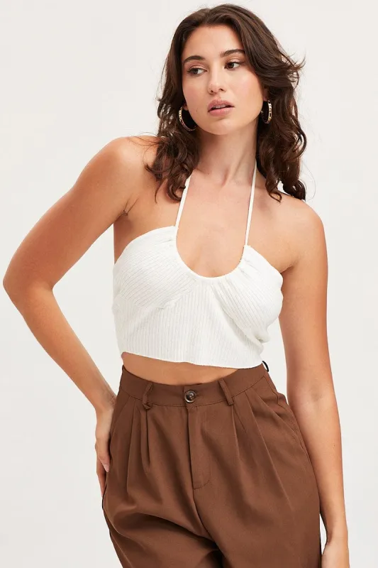 White Knit Top Sleeveless Crop Halter sold by Ally Fashion