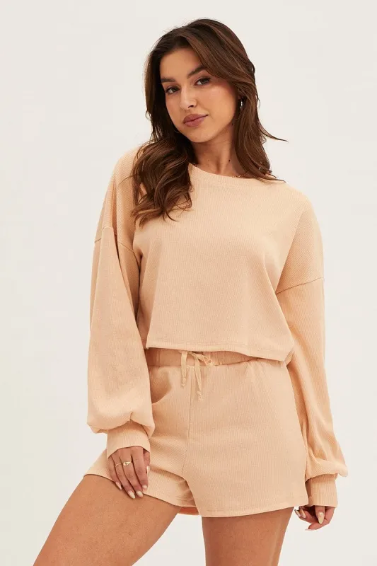 Beige Loungewear Shirts Crop Cotton sold by Ally Fashion