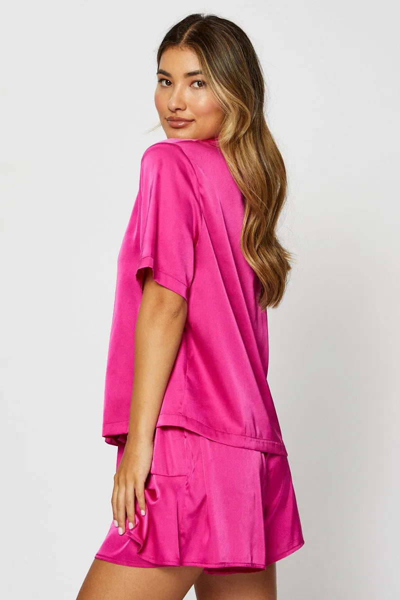 Pink Satin Pajamas Set Short Sleeve sold by Ally Fashion product image thumbnail 4