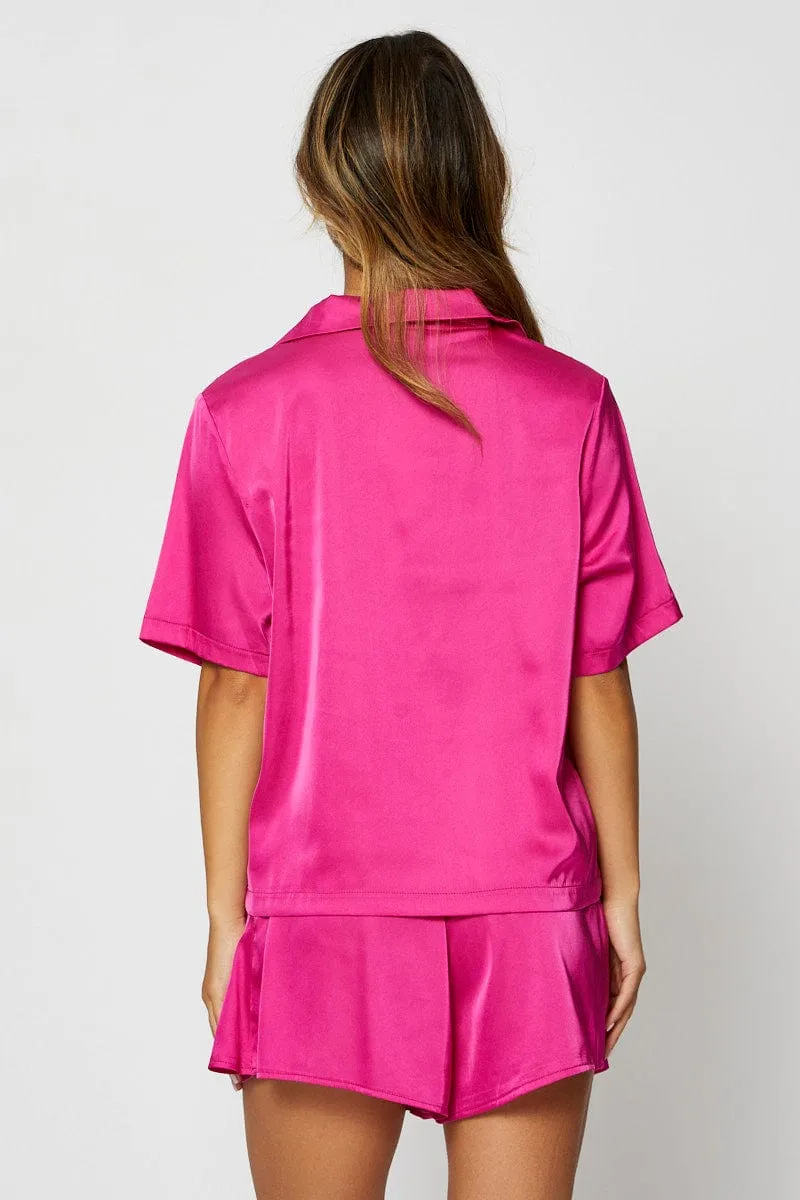 Pink Satin Pajamas Set Short Sleeve sold by Ally Fashion product image thumbnail 5