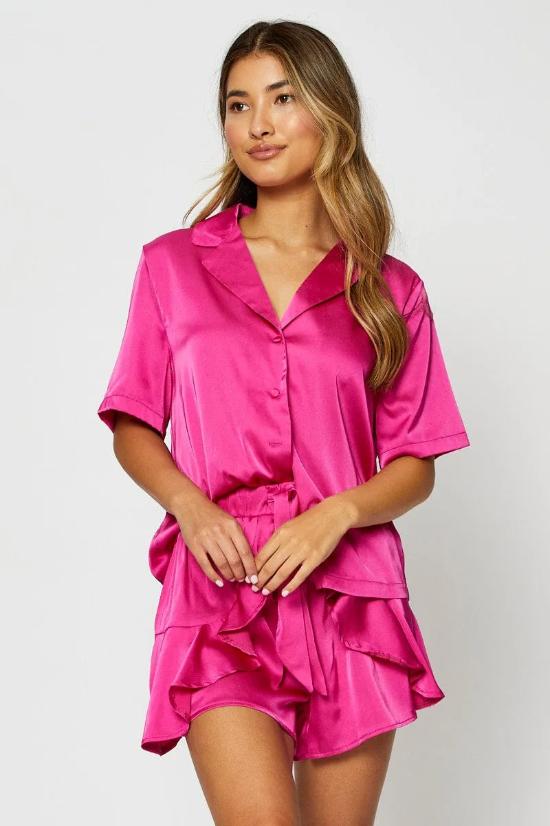Pink Satin Pajamas Set Short Sleeve sold by Ally Fashion product image thumbnail 3