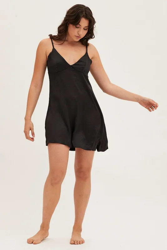 Black Satin Slip Sleeveless V-Neck Nightgown made by Ally Fashion