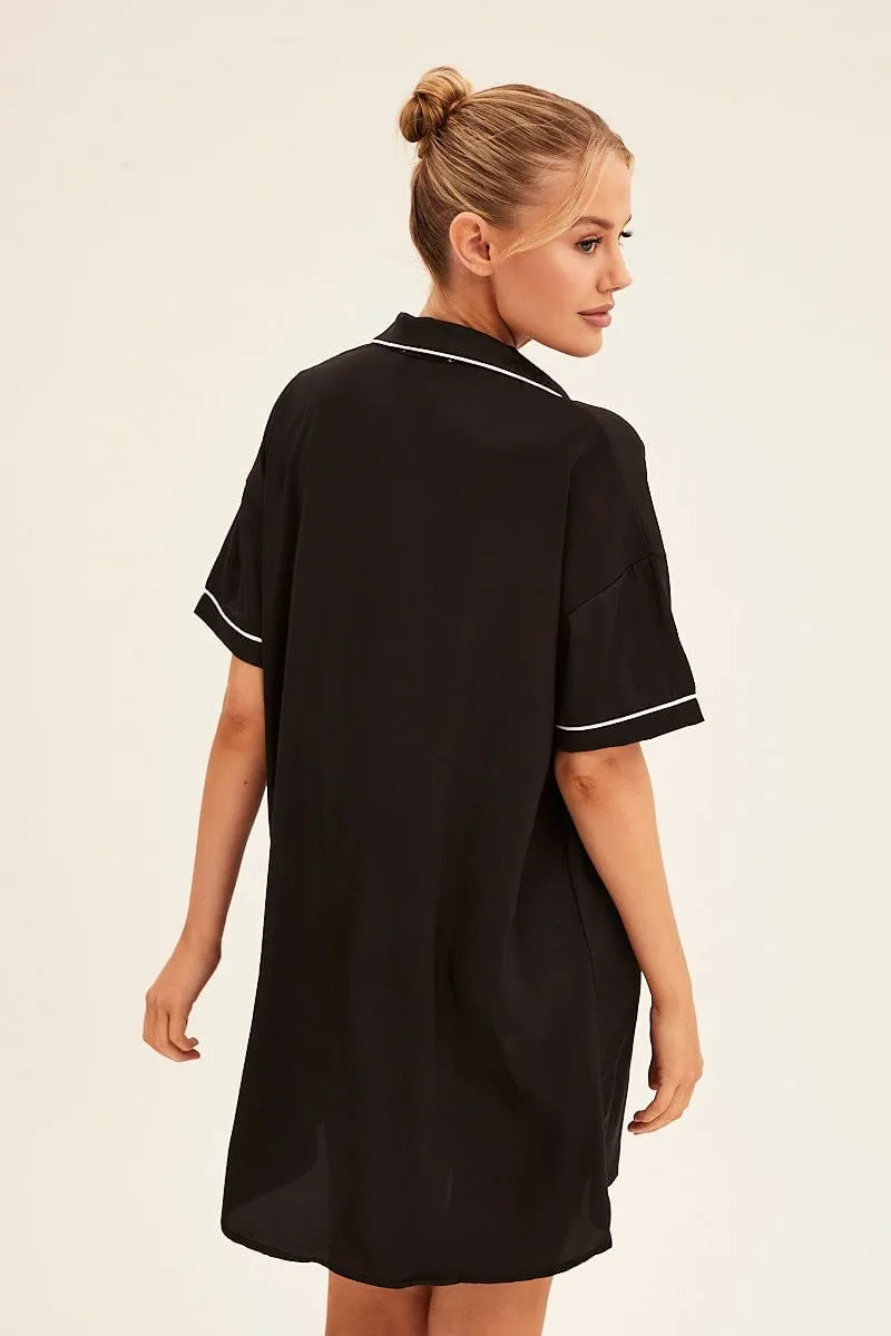 Black Nightgown Short Sleeve Collared Mini Satin sold by Ally Fashion product image thumbnail 5