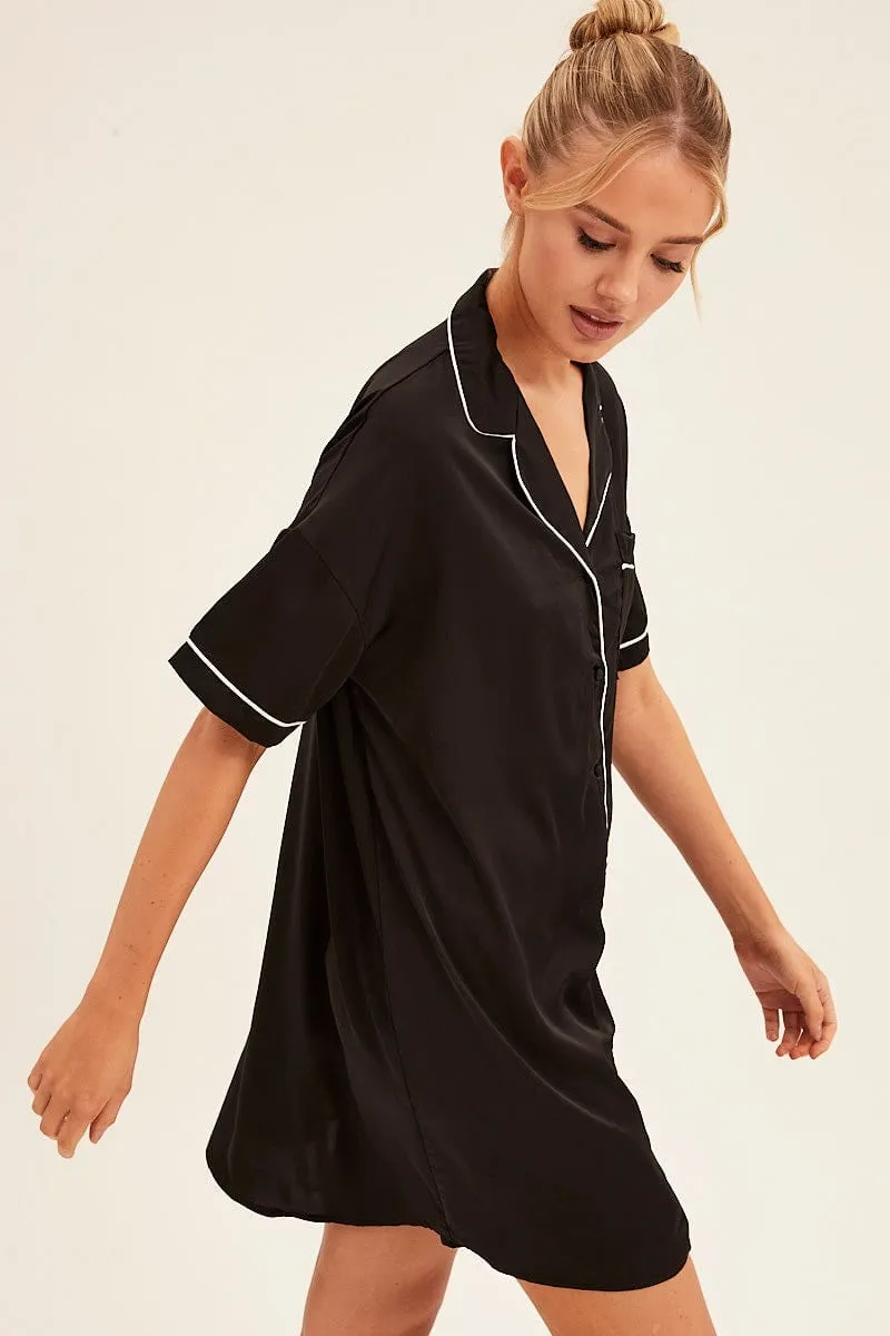 Black Nightgown Short Sleeve Collared Mini Satin sold by Ally Fashion product image thumbnail 4