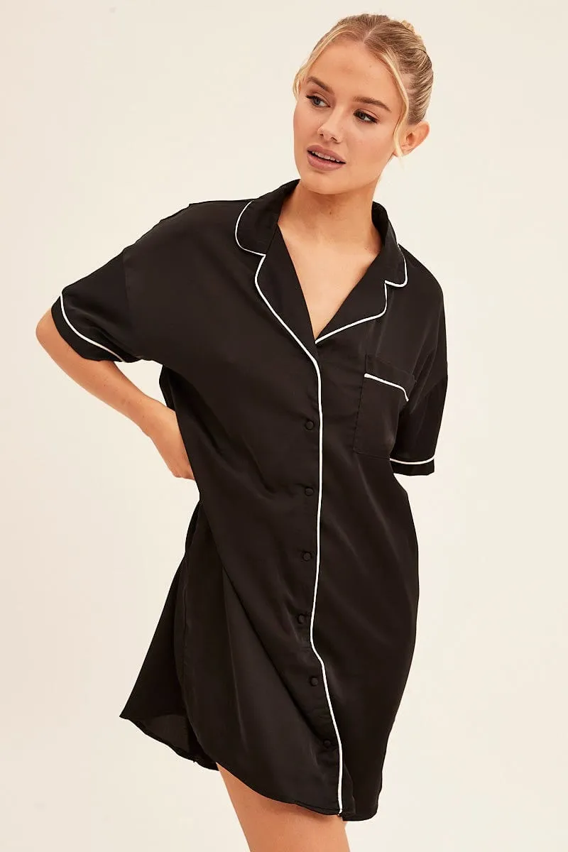Black Nightgown Short Sleeve Collared Mini Satin sold by Ally Fashion product image thumbnail 3