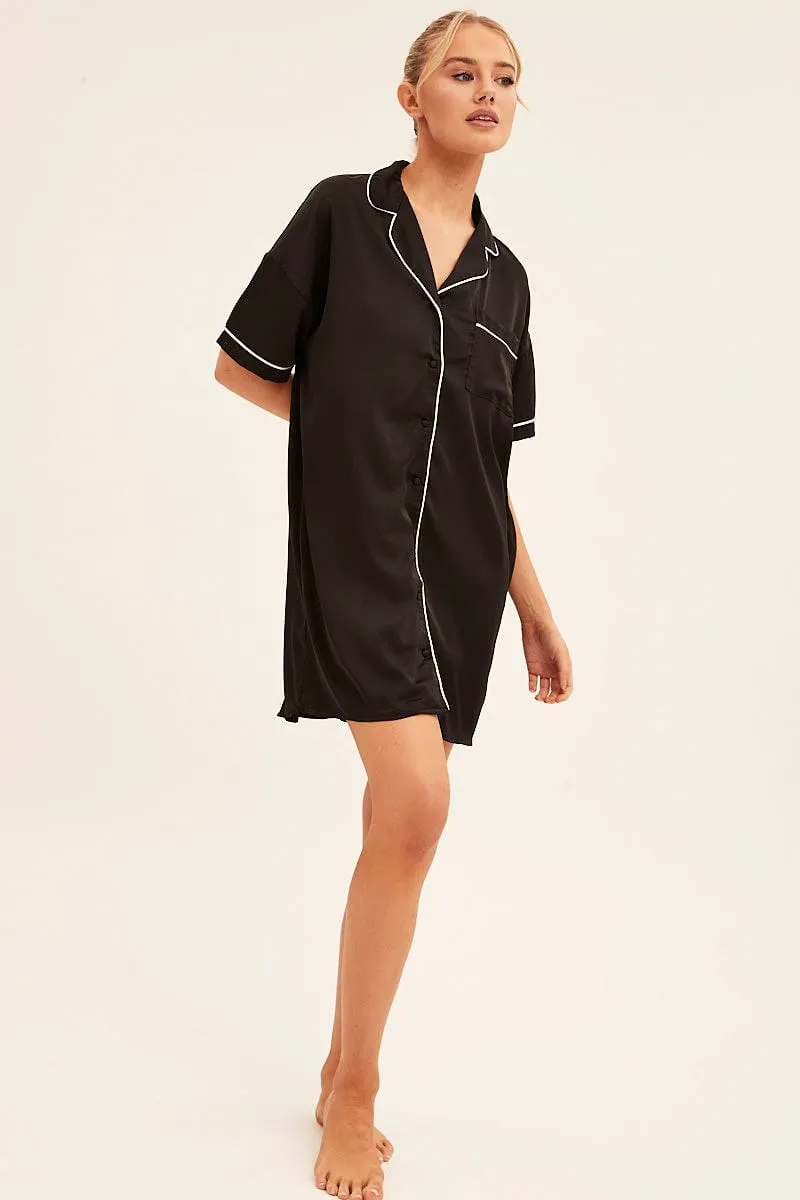 Black Nightgown Short Sleeve Collared Mini Satin sold by Ally Fashion product image thumbnail 2
