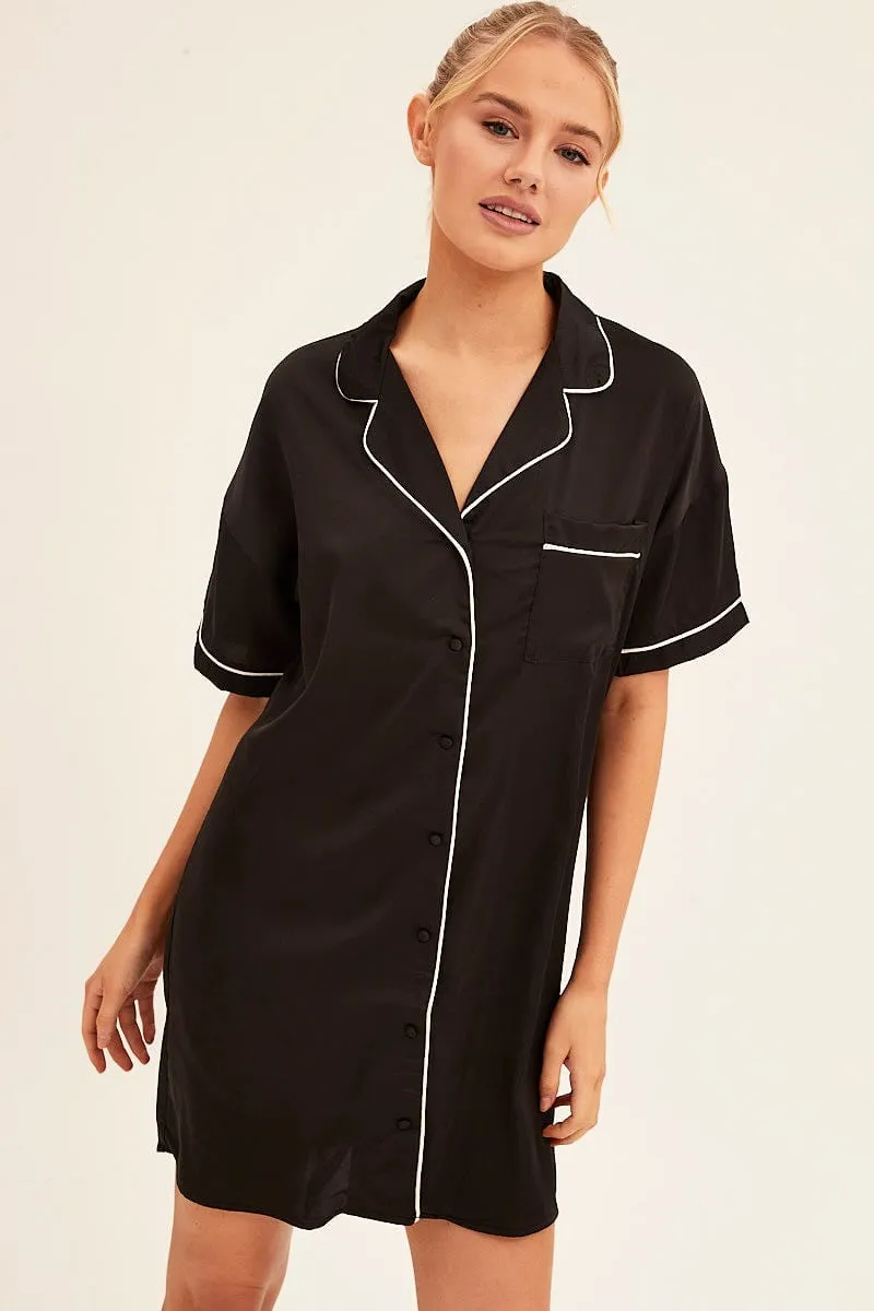 Black Nightgown Short Sleeve Collared Mini Satin sold by Ally Fashion