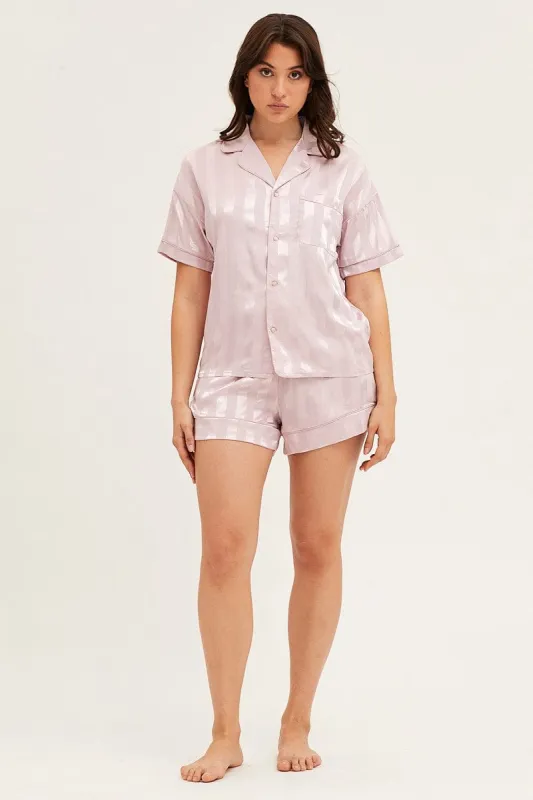 Stripe Satin Pajamas Set Short Sleeve sold by Ally Fashion
