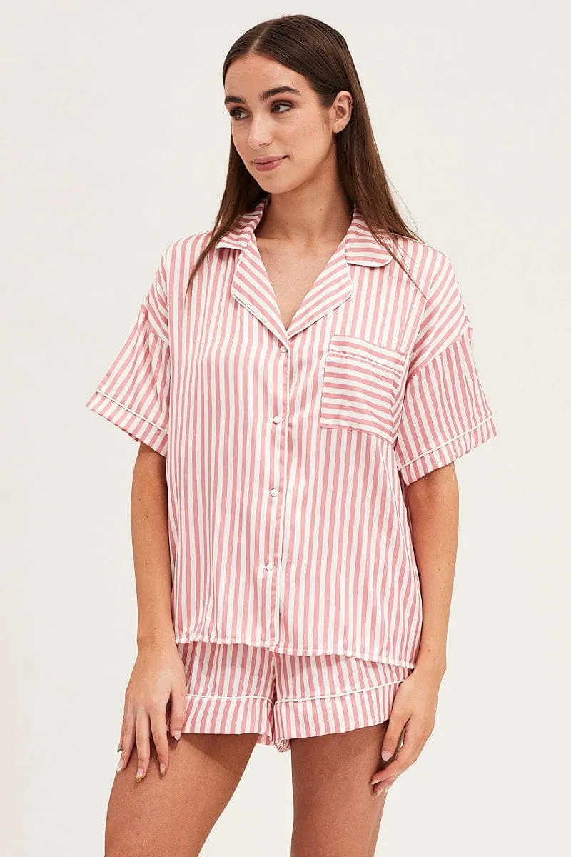 Stripe Satin Short Sleeve Top & Shorts Pj Set sold by Ally Fashion product image thumbnail 3