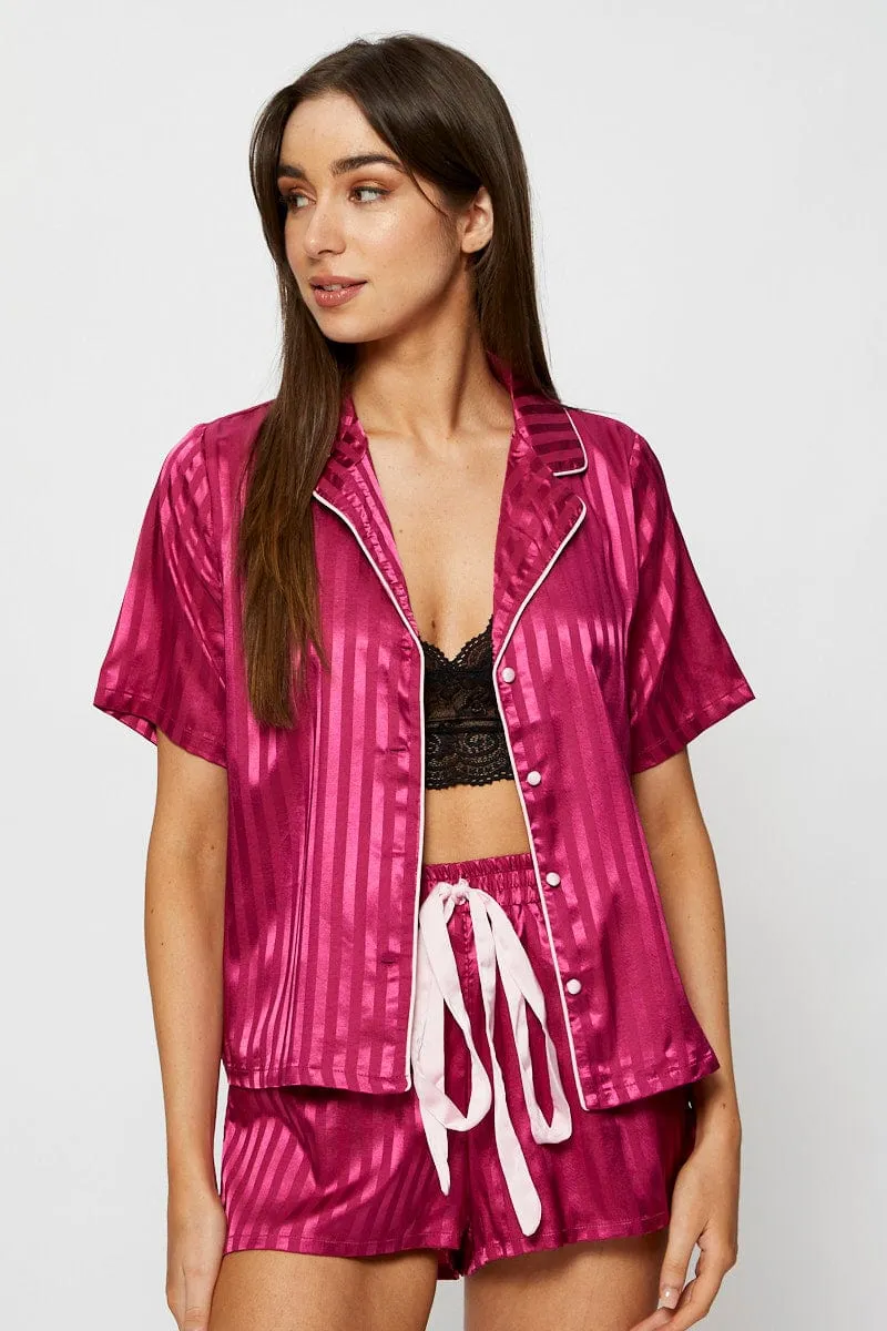 Pink Satin Pajamas Set Short Sleeve sold by Ally Fashion product image thumbnail 3