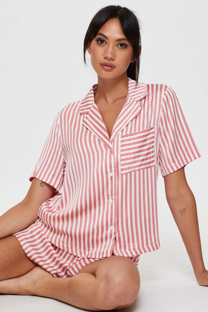 Stripe Satin Pajamas Set Short Sleeve sold by Ally Fashion