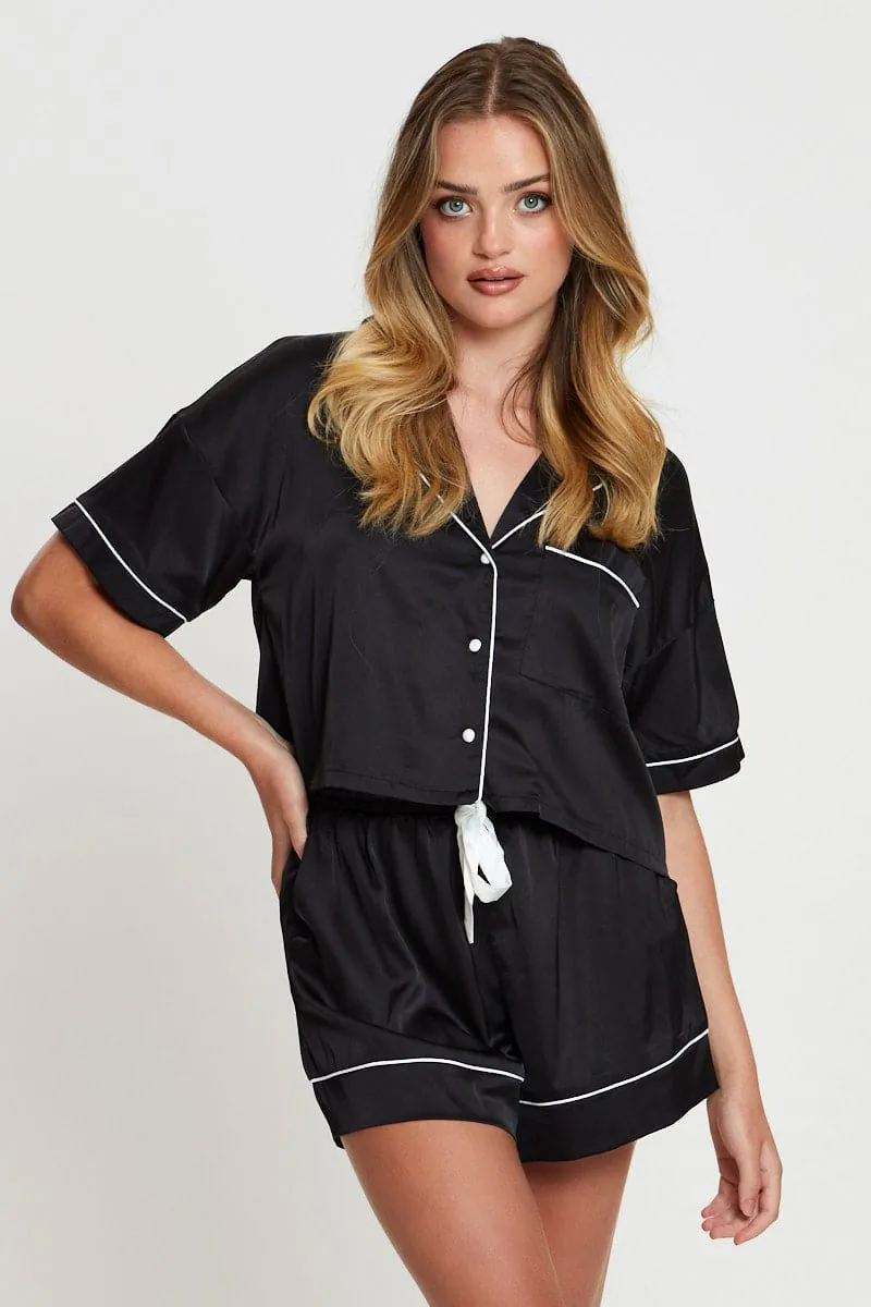 Black Crop Pajamas Set Short Sleeve sold by Ally Fashion product image thumbnail 3