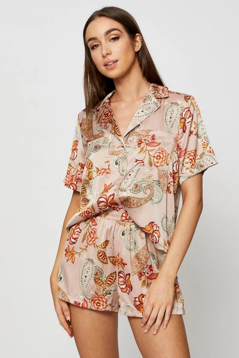 Print Satin Pajamas Set Short Sleeve sold by Ally Fashion