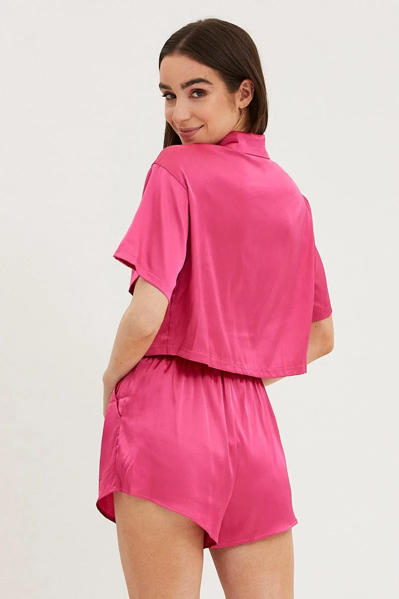 Pink Satin Pajamas Set Short Sleeve Crop sold by Ally Fashion product image thumbnail 5