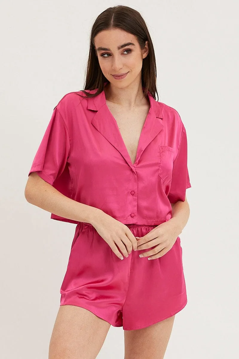 Pink Satin Pajamas Set Short Sleeve Crop sold by Ally Fashion product image thumbnail 3