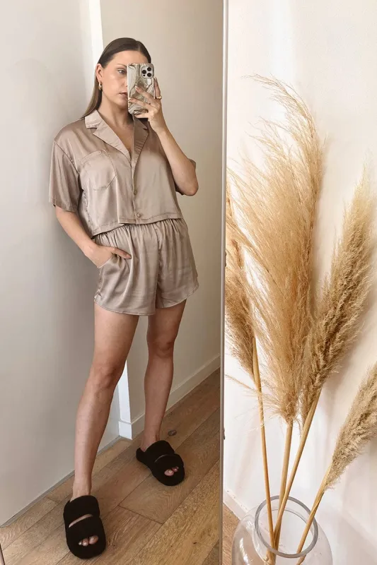 Brown Satin Pajamas Set Short Sleeve Crop sold by Ally Fashion