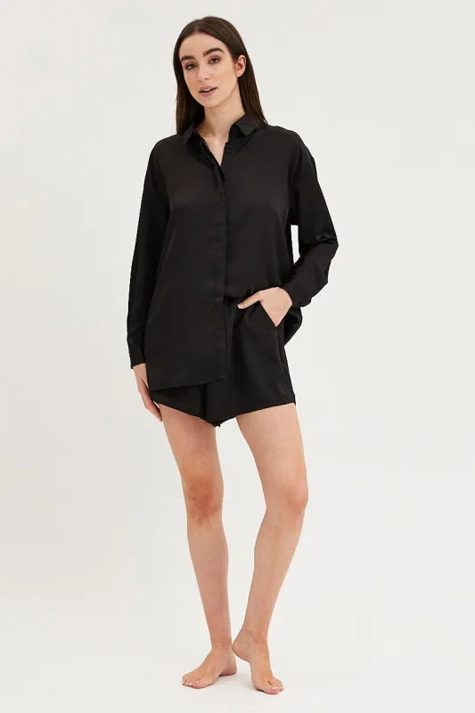 Black Satin Pajamas Set Long Sleeve sold by Ally Fashion
