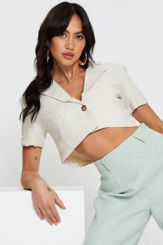 Beige Crop Jacket Short Sleeve Collared sold by Ally Fashion