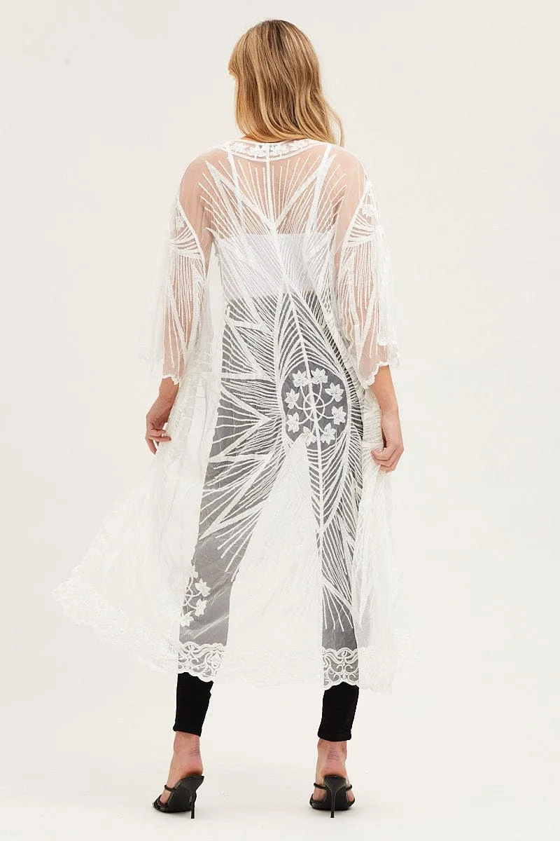 White Half Sleeve Tie Front Mesh Embroidered Kimono sold by Ally Fashion product image thumbnail 5