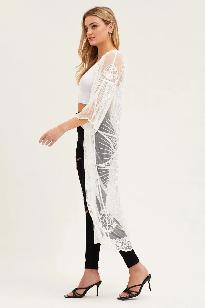 White Half Sleeve Tie Front Mesh Embroidered Kimono sold by Ally Fashion product image thumbnail 4