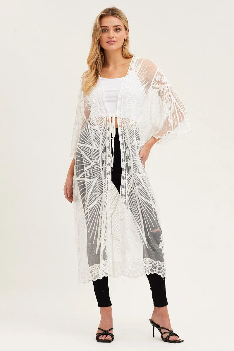 White Half Sleeve Tie Front Mesh Embroidered Kimono sold by Ally Fashion