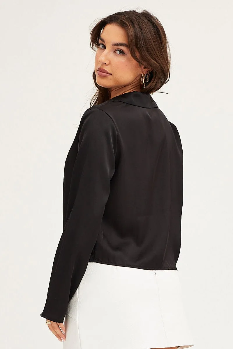Black Satin Long Sleeve Collared Chain-Link Front Jacket sold by Ally Fashion product image thumbnail 5