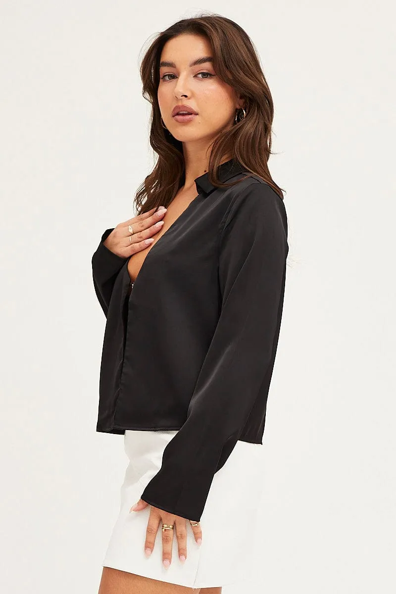 Black Satin Long Sleeve Collared Chain-Link Front Jacket sold by Ally Fashion product image thumbnail 4