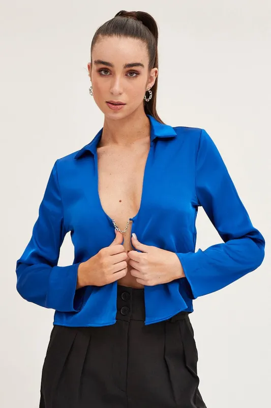 Blue Satin Long Sleeve Collared Chain-Link Front Jacket sold by Ally Fashion