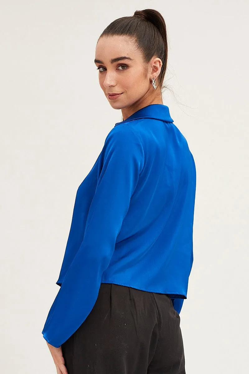 Blue Satin Long Sleeve Collared Chain-Link Front Jacket sold by Ally Fashion product image thumbnail 5