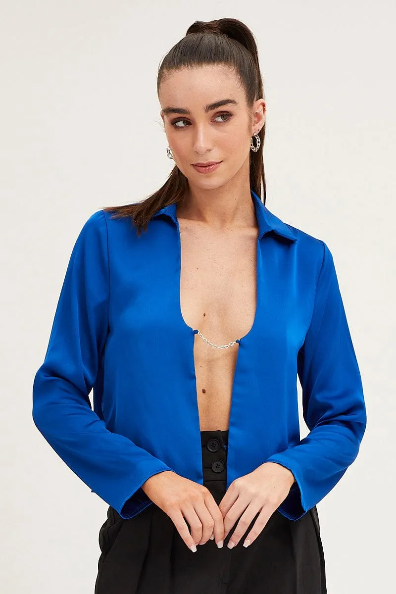 Blue Satin Long Sleeve Collared Chain-Link Front Jacket sold by Ally Fashion product image thumbnail 3