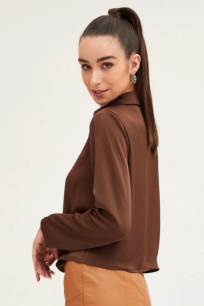 Brown Satin Long Sleeve Collared Chain-Link Front Jacket sold by Ally Fashion product image thumbnail 4