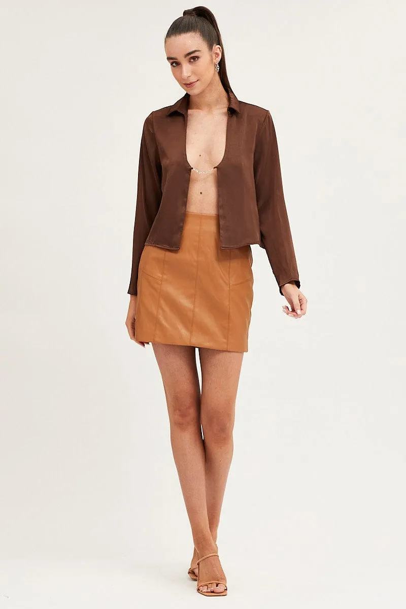 Brown Satin Long Sleeve Collared Chain-Link Front Jacket sold by Ally Fashion product image thumbnail 2