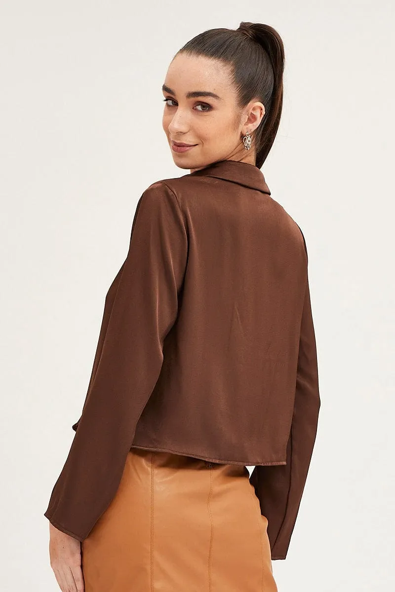 Brown Satin Long Sleeve Collared Chain-Link Front Jacket sold by Ally Fashion product image thumbnail 5