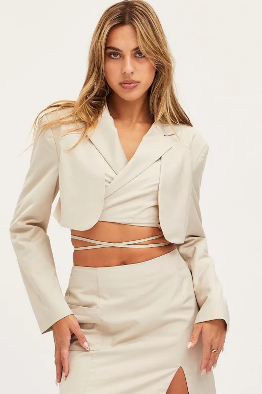Beige Crop Jacket Long Sleeve sold by Ally Fashion