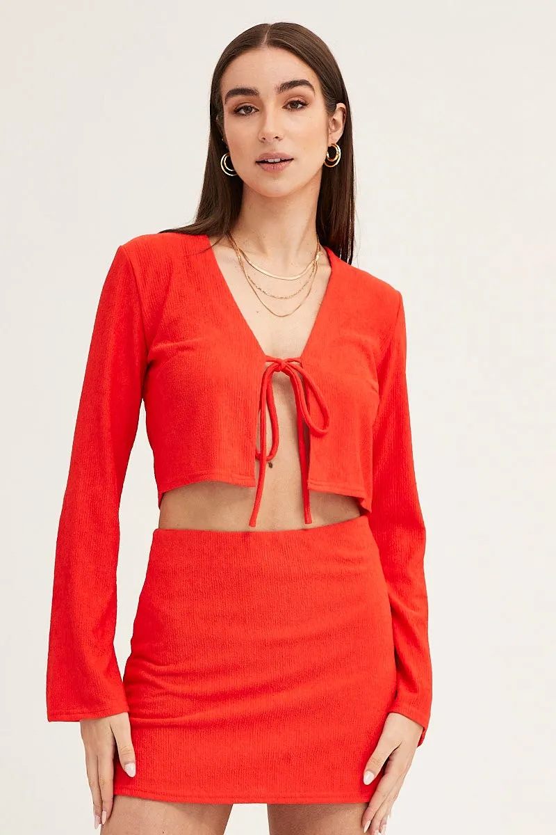 Red Long Sleeve Tie Front Textured Tie Top sold by Ally Fashion product image thumbnail 3