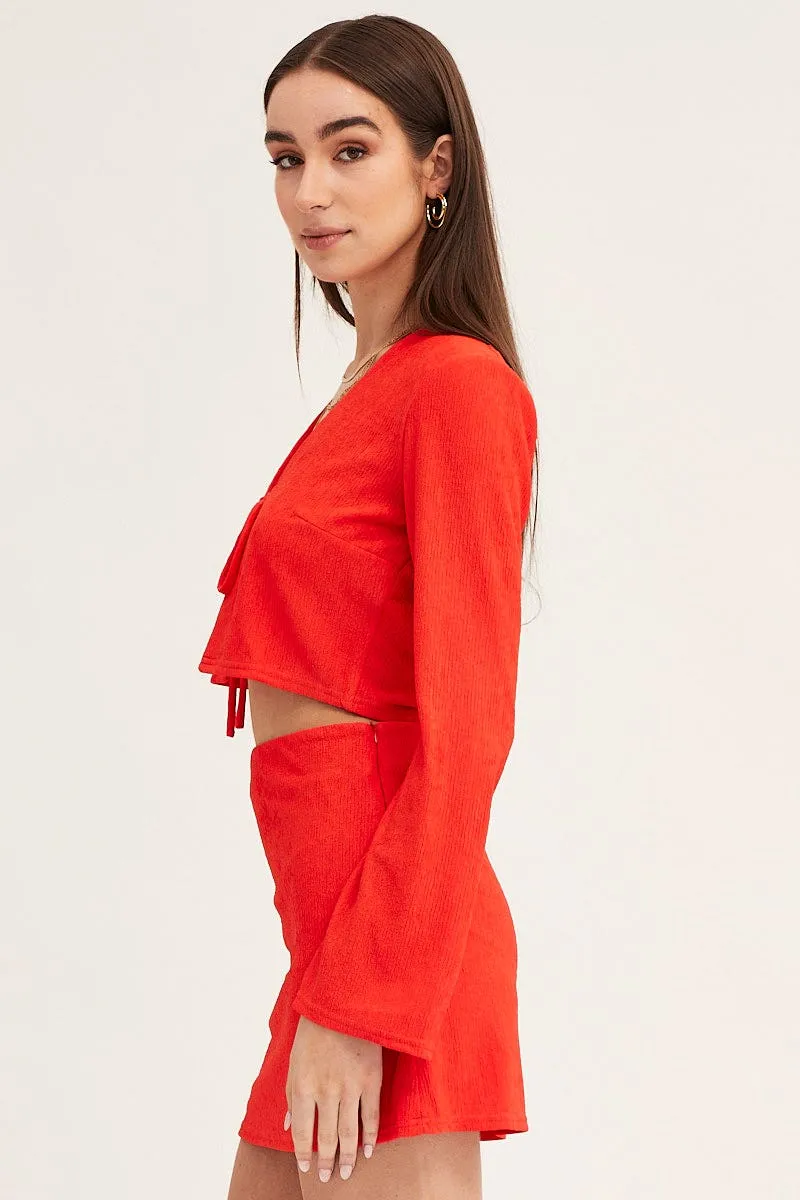 Red Long Sleeve Tie Front Textured Tie Top sold by Ally Fashion product image thumbnail 4