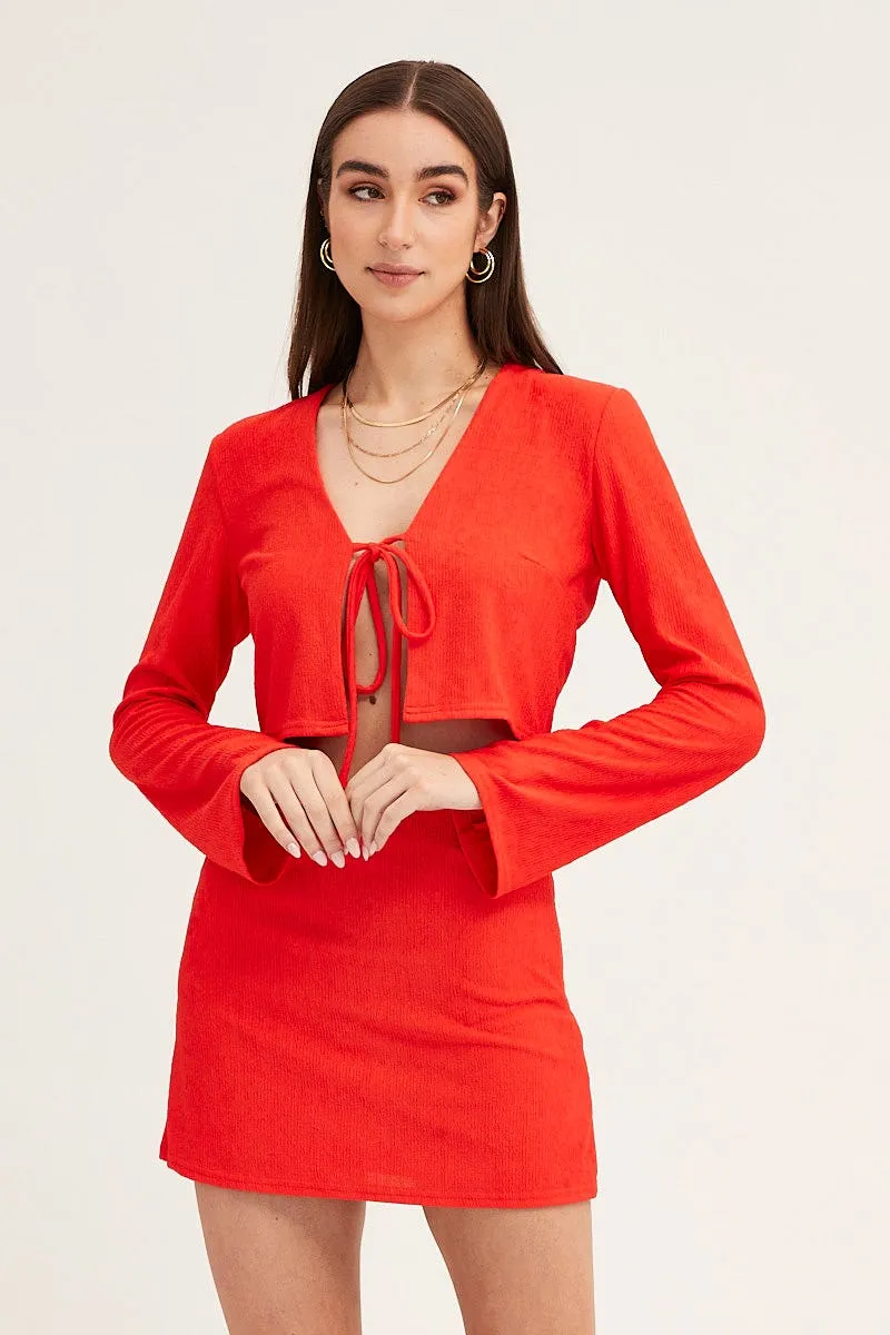 Red Long Sleeve Tie Front Textured Tie Top sold by Ally Fashion