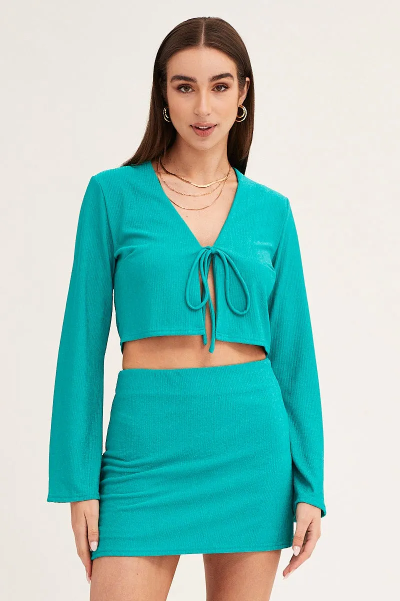 Green Long Sleeve Tie Front Textured Tie Top sold by Ally Fashion product image thumbnail 3