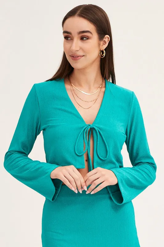 Green Long Sleeve Tie Front Textured Tie Top made by Ally Fashion