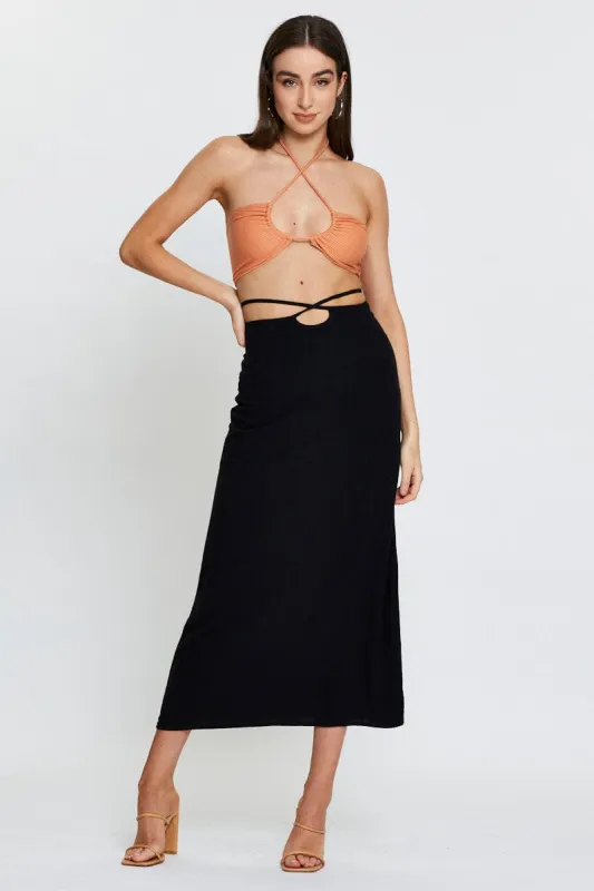 Black Linen Blend Wrap Tie Waist Maxi Skirt sold by Ally Fashion