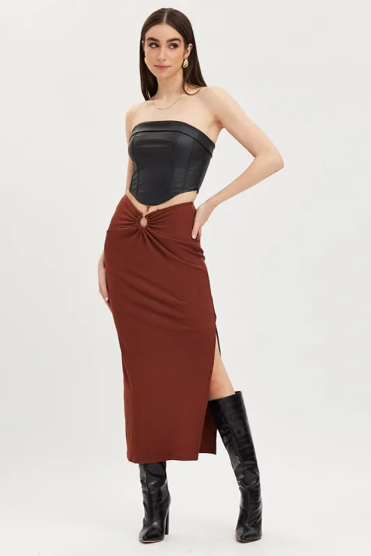 Brown Maxi Skirt High Rise Ring Detial Rib Jersey sold by Ally Fashion